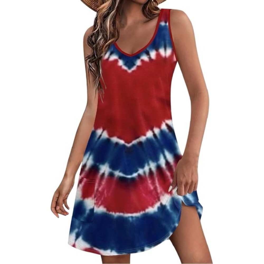Loose Sleeveless Tank Dress w Pockets Tie Dye Design Red White Blue Various Size
